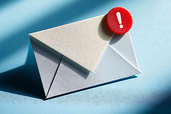 Blue background, gray envelope with emails for requesting information.