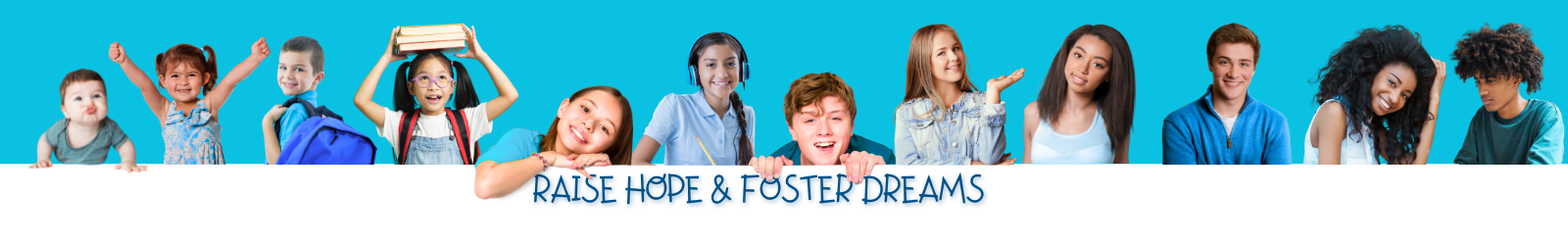 Blue banner with foster care kids of all ages.