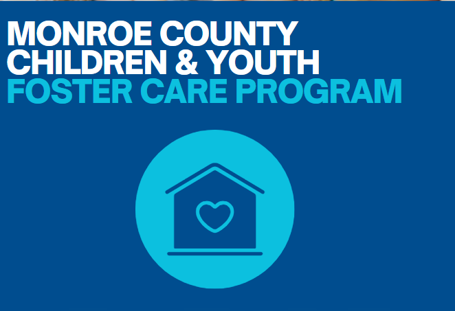 Monroe County Foster Care - Blue background with a heart embedded in a house.